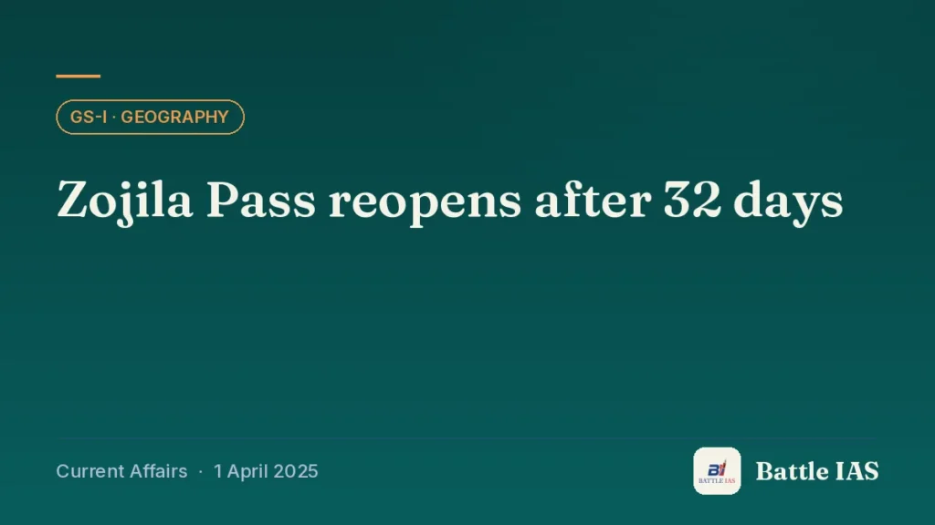 Battle IAS current affairs title card: Zojila Pass reopens after 32 days (GS1 · Geography, 1 April 2025)