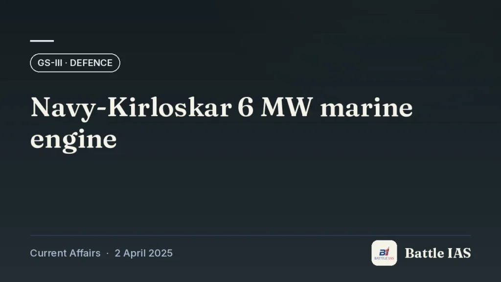 Battle IAS current affairs title card: Navy-Kirloskar 6 MW marine engine (GS3 · Defence, 2 April 2025)