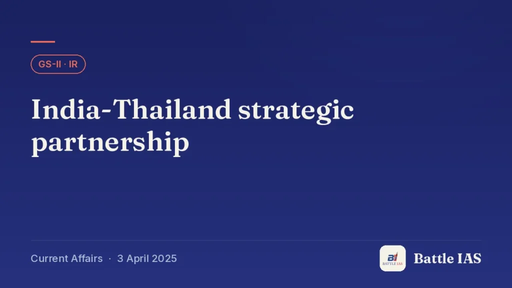 Battle IAS current affairs title card: India-Thailand strategic partnership (GS2 · IR, 3 April 2025)
