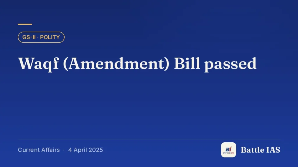 Battle IAS current affairs title card: Waqf (Amendment) Bill passed (GS2 · Polity, 4 April 2025)
