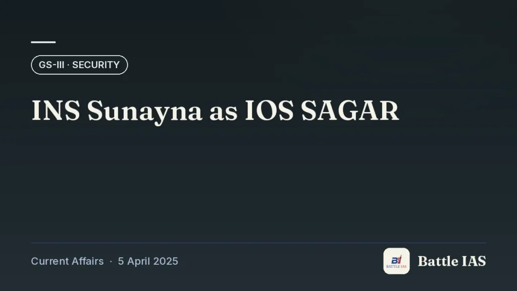 Battle IAS current affairs title card: INS Sunayna as IOS SAGAR (GS3 · Security, 5 April 2025)