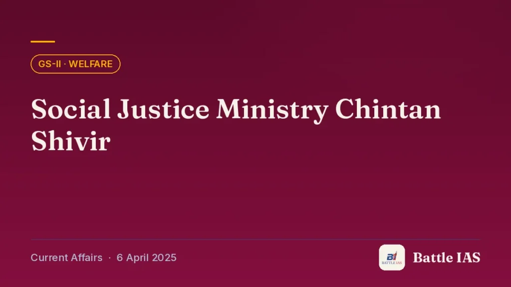 Battle IAS current affairs title card: Social Justice Ministry Chintan Shivir (GS2 · Welfare, 6 April 2025)