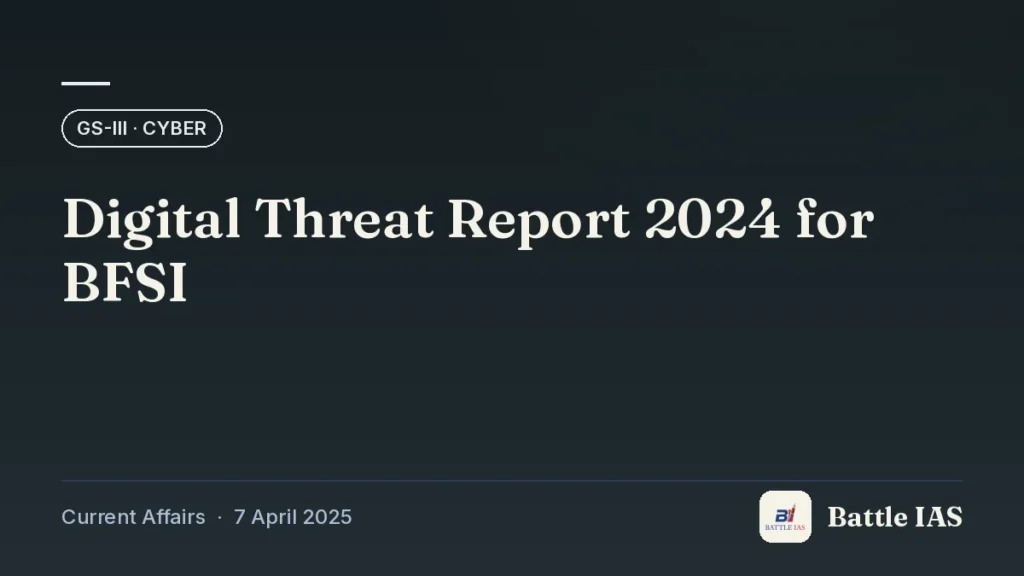 Battle IAS current affairs title card: Digital Threat Report 2024 for BFSI (GS3 · Cyber, 7 April 2025)