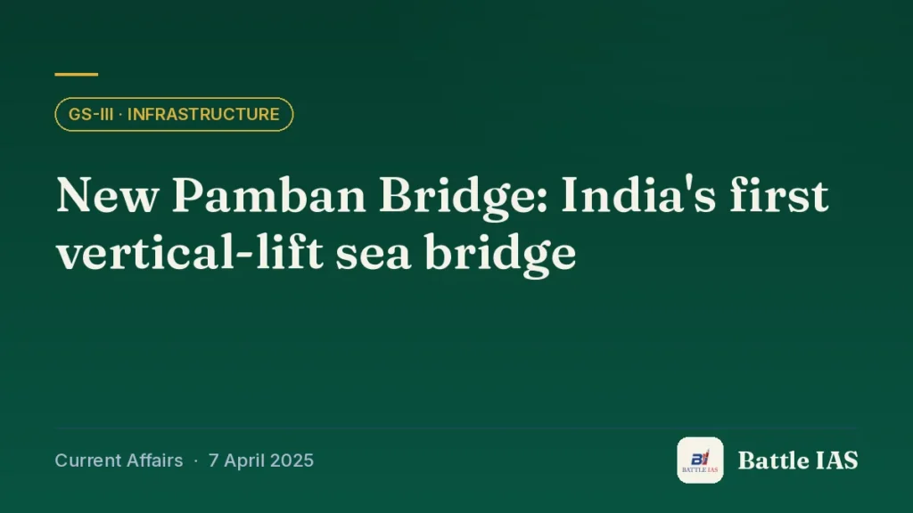 Battle IAS current affairs title card: New Pamban Bridge: India's first vertical-lift sea bridge (GS3 · Infrastructure, 7 April 2025)