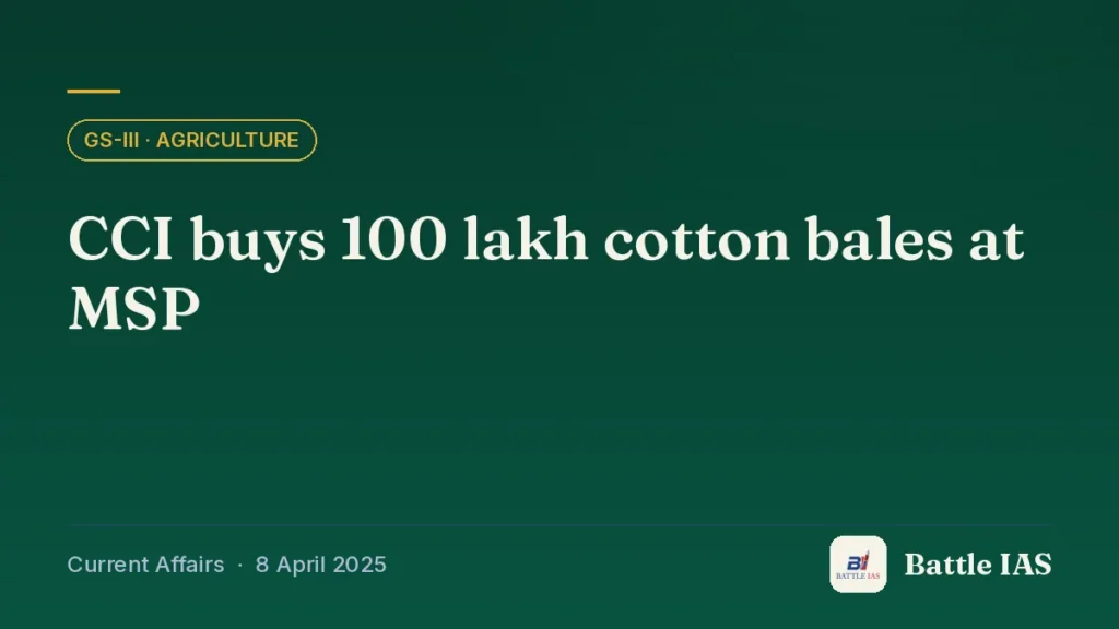 Battle IAS current affairs title card: CCI buys 100 lakh cotton bales at MSP (GS3 · Agriculture, 8 April 2025)
