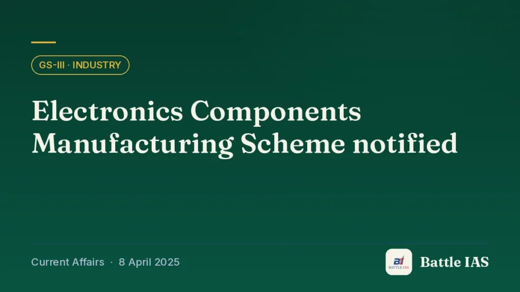 Battle IAS current affairs title card: Electronics Components Manufacturing Scheme notified (GS3 · Industry, 8 April 2025)