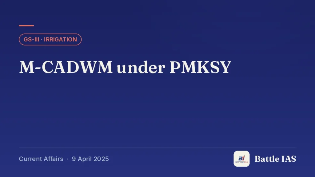 Battle IAS current affairs title card: M-CADWM under PMKSY (GS3 · Irrigation, 9 April 2025)