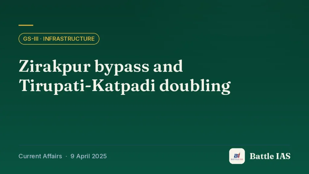 Battle IAS current affairs title card: Zirakpur bypass and Tirupati-Katpadi doubling (GS3 · Infrastructure, 9 April 2025)