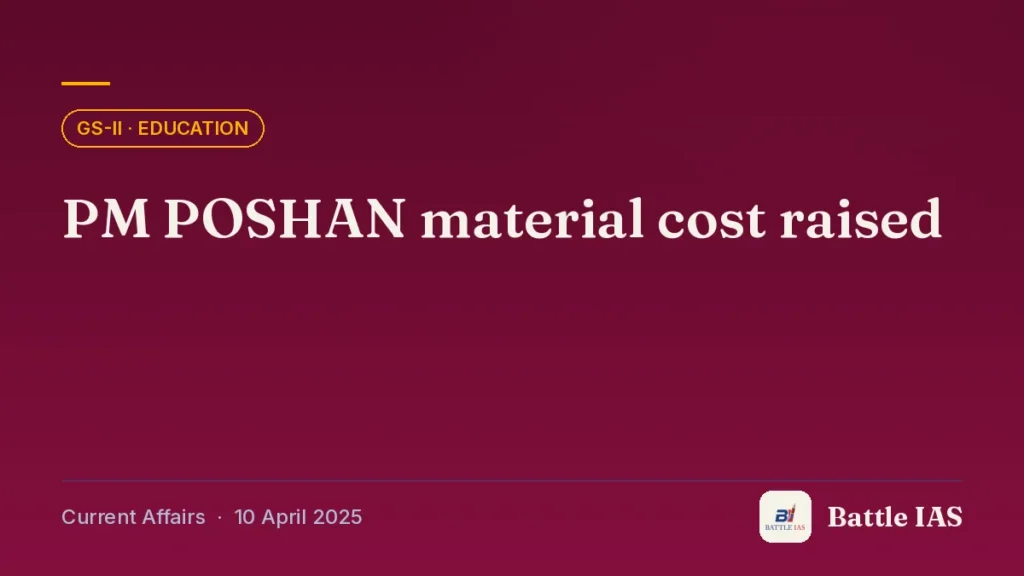 Battle IAS current affairs title card: PM POSHAN material cost raised (GS2 · Education, 10 April 2025)