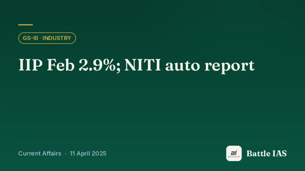 Battle IAS current affairs title card: IIP Feb 2.9%; NITI auto report (GS3 · Industry, 11 April 2025)