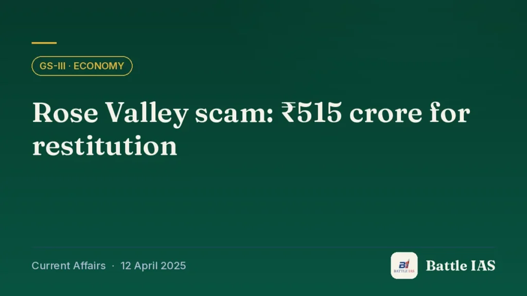 Battle IAS current affairs title card: Rose Valley scam: ₹515 crore for restitution (GS3 · Economy, 12 April 2025)
