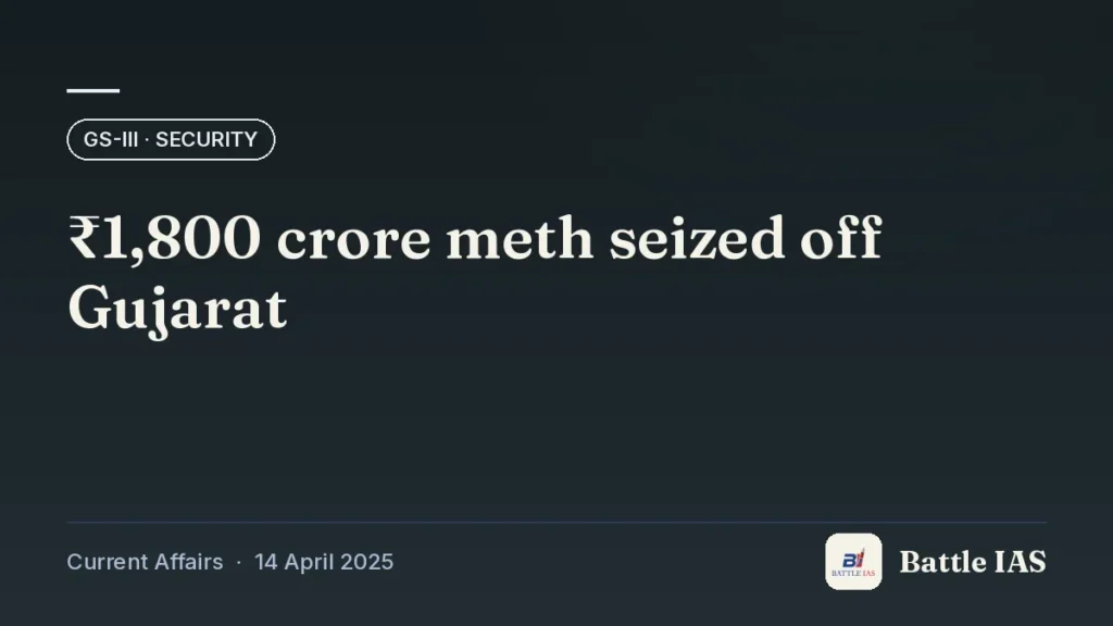 Battle IAS current affairs title card: ₹1,800 crore meth seized off Gujarat (GS3 · Security, 14 April 2025)