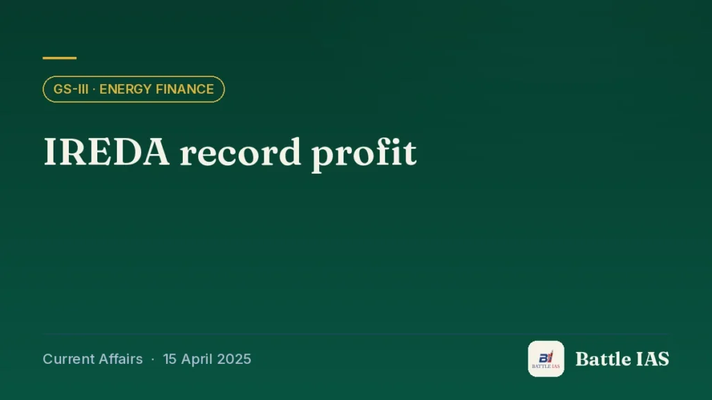 Battle IAS current affairs title card: IREDA record profit (GS3 · Energy finance, 15 April 2025)