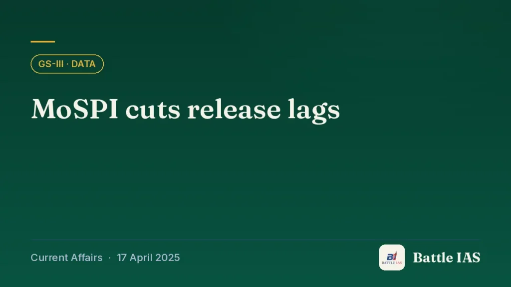 Battle IAS current affairs title card: MoSPI cuts release lags (GS3 · Data, 17 April 2025)