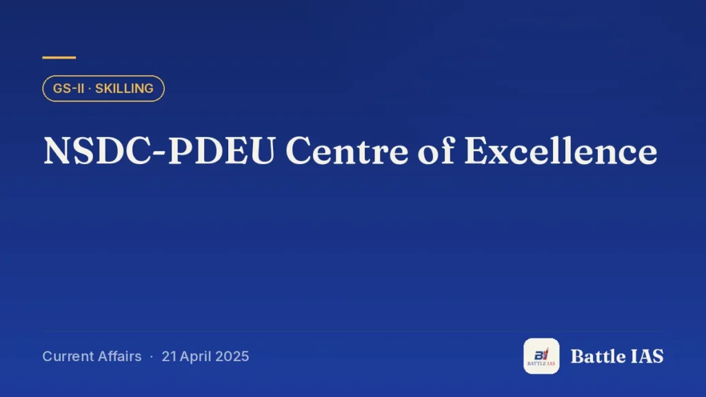 Battle IAS current affairs title card: NSDC-PDEU Centre of Excellence (GS2 · Skilling, 21 April 2025)
