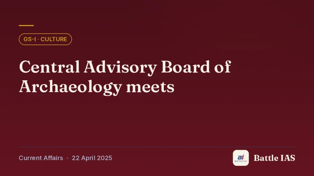 Battle IAS current affairs title card: Central Advisory Board of Archaeology meets (GS1 · Culture, 22 April 2025)