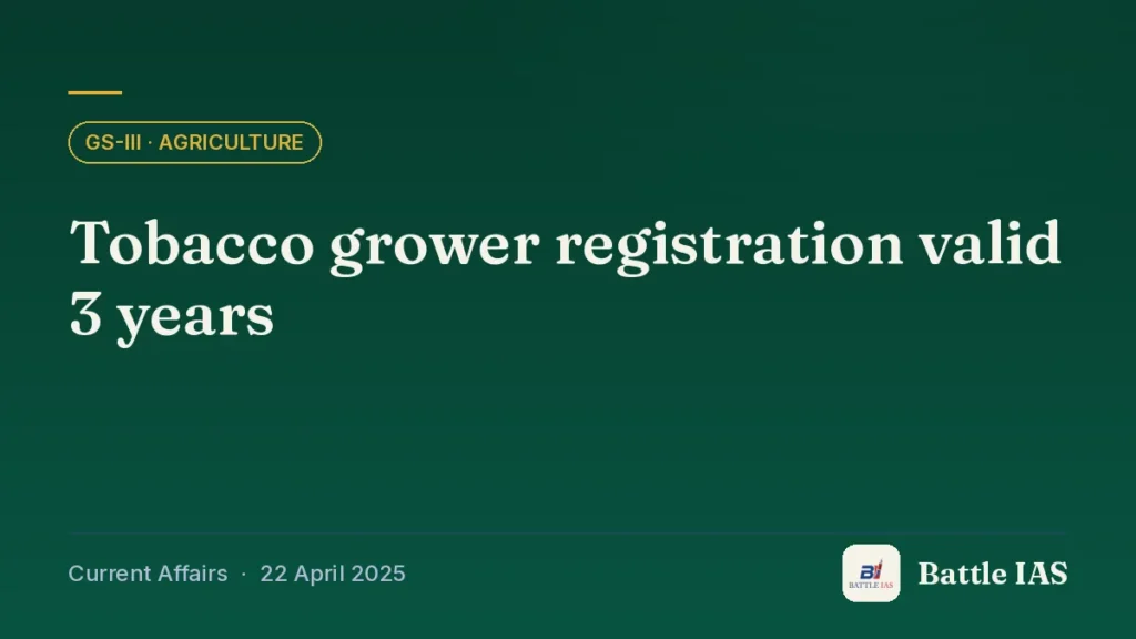 Battle IAS current affairs title card: Tobacco grower registration valid 3 years (GS3 · Agriculture, 22 April 2025)