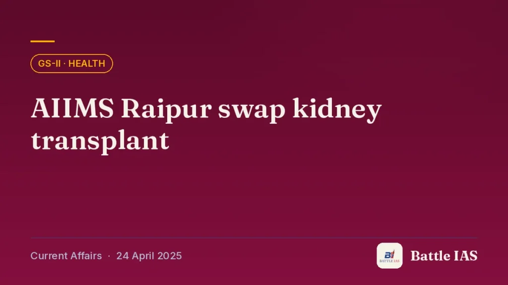 Battle IAS current affairs title card: AIIMS Raipur swap kidney transplant (GS2 · Health, 24 April 2025)