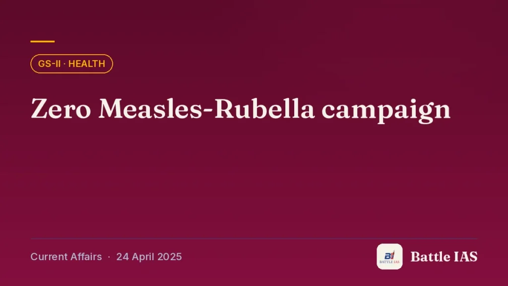 Battle IAS current affairs title card: Zero Measles-Rubella campaign (GS2 · Health, 24 April 2025)
