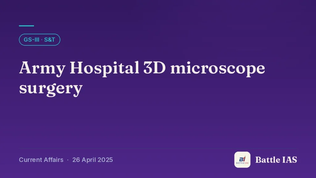 Battle IAS current affairs title card: Army Hospital 3D microscope surgery (GS3 · S&T, 26 April 2025)