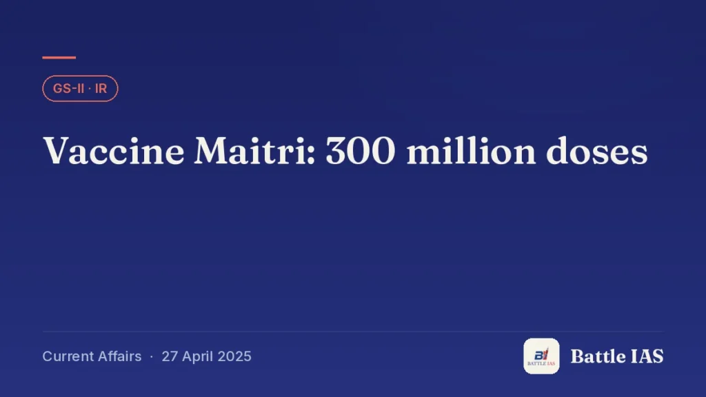 Battle IAS current affairs title card: Vaccine Maitri: 300 million doses (GS2 · IR, 27 April 2025)