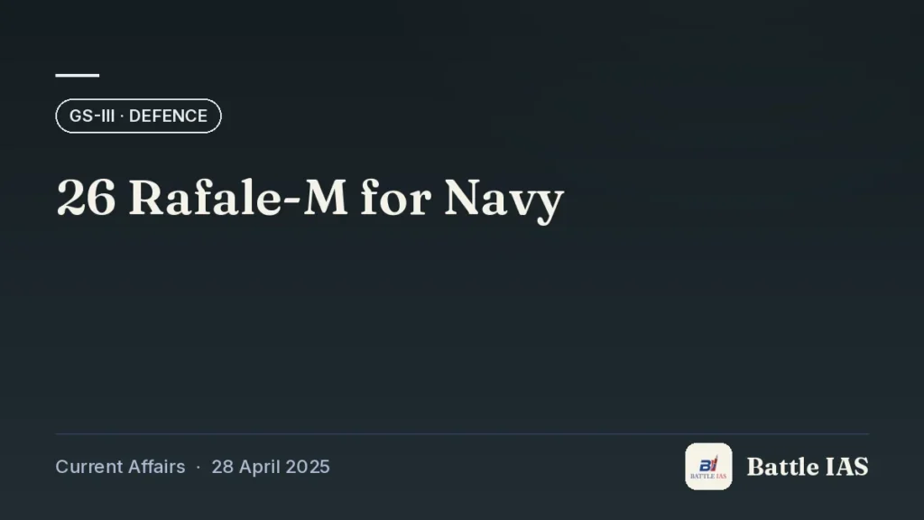 Battle IAS current affairs title card: 26 Rafale-M for Navy (GS3 · Defence, 28 April 2025)