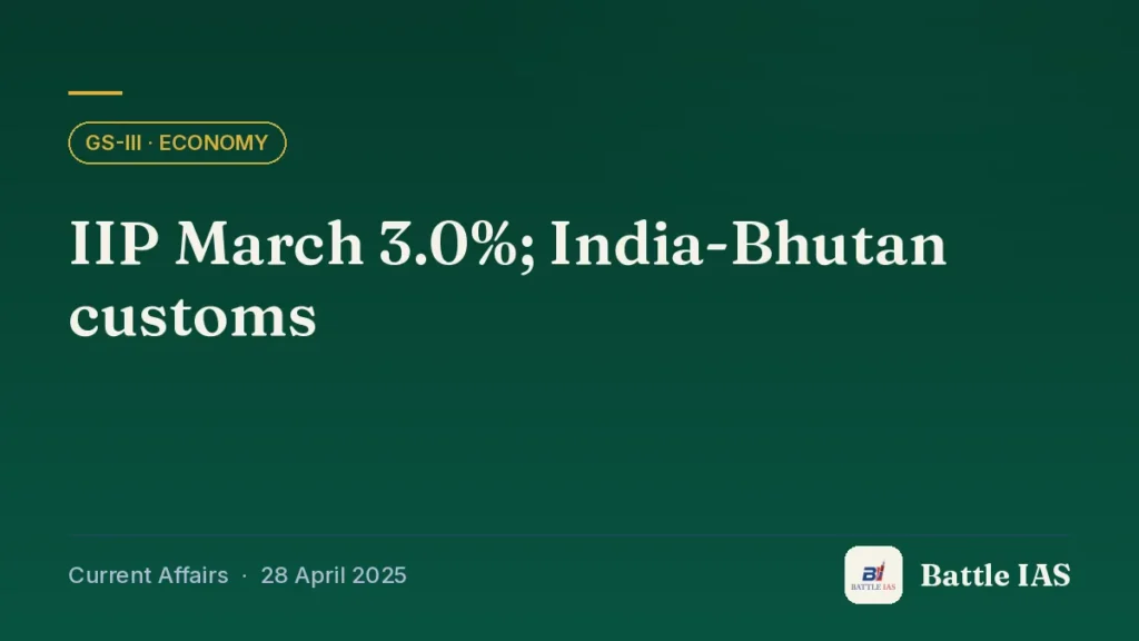 Battle IAS current affairs title card: IIP March 3.0%; India-Bhutan customs (GS3 · Economy, 28 April 2025)