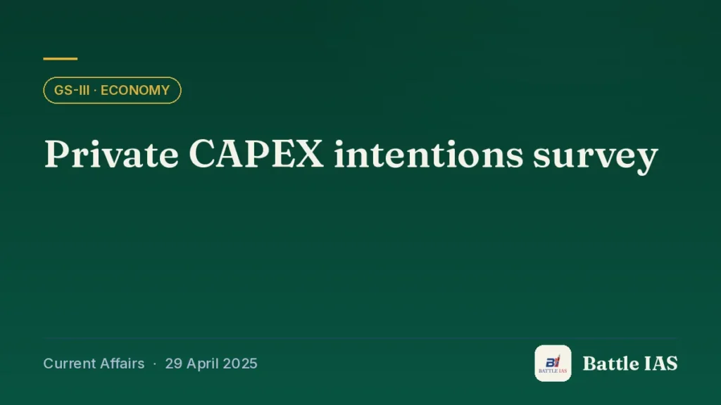 Battle IAS current affairs title card: Private CAPEX intentions survey (GS3 · Economy, 29 April 2025)
