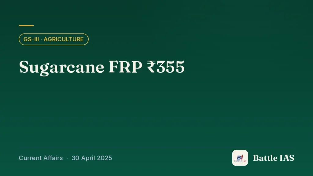 Battle IAS current affairs title card: Sugarcane FRP ₹355 (GS3 · Agriculture, 30 April 2025)