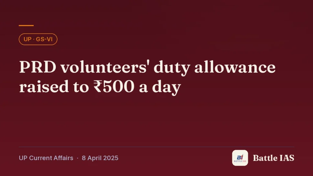 Battle IAS UP current affairs title card: PRD volunteers' duty allowance raised to ₹500 a day (, 8 April 2025)