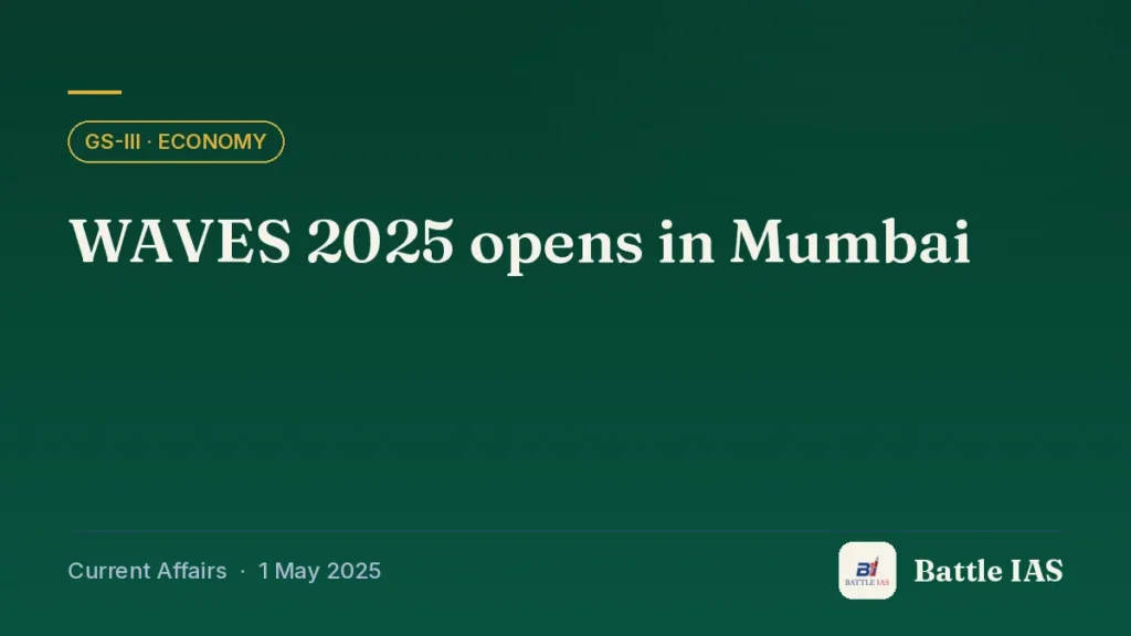 Battle IAS current affairs title card: WAVES 2025 opens in Mumbai (GS3 · Economy, 1 May 2025)