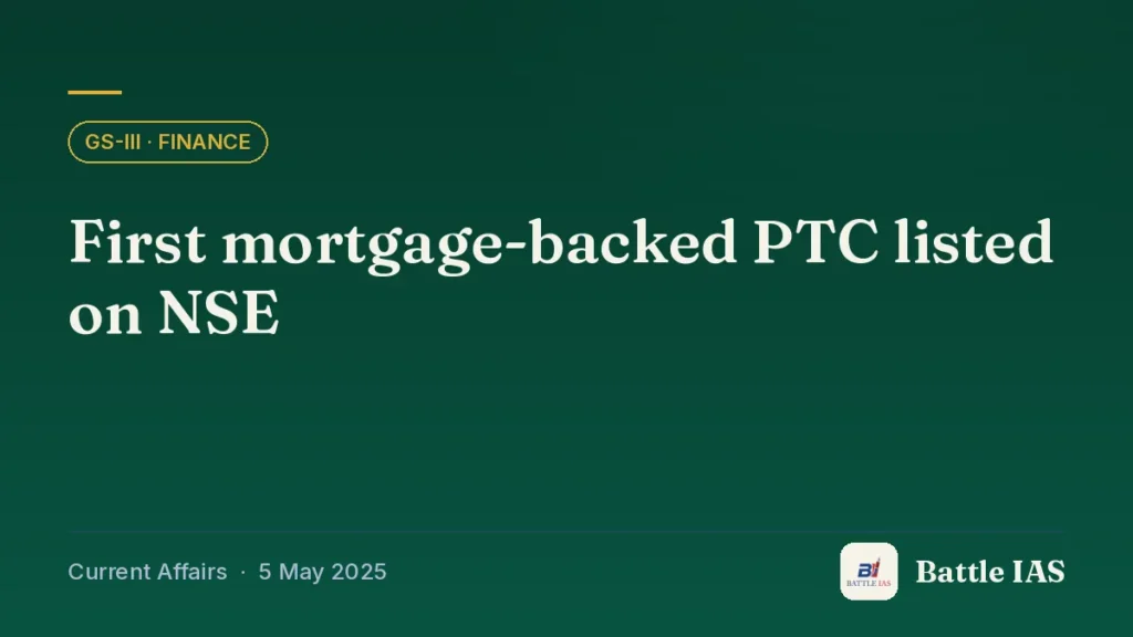 Battle IAS current affairs title card: First mortgage-backed PTC listed on NSE (GS3 · Finance, 5 May 2025)