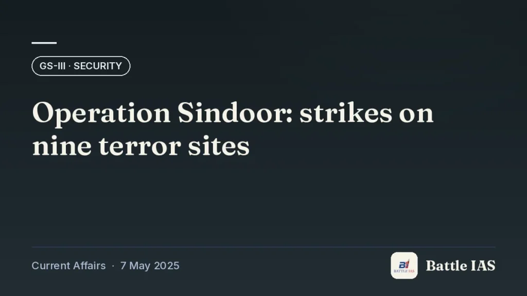 Battle IAS current affairs title card: Operation Sindoor: strikes on nine terror sites (GS3 · Security, 7 May 2025)