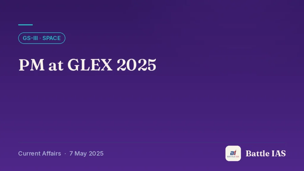 Battle IAS current affairs title card: PM at GLEX 2025 (GS3 · Space, 7 May 2025)
