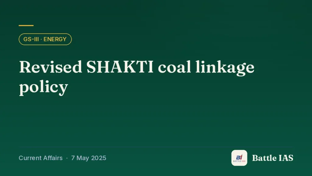 Battle IAS current affairs title card: Revised SHAKTI coal linkage policy (GS3 · Energy, 7 May 2025)