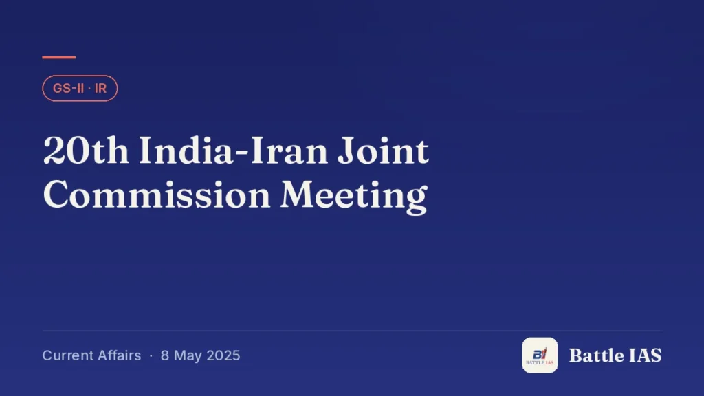 Battle IAS current affairs title card: 20th India-Iran Joint Commission Meeting (GS2 · IR, 8 May 2025)