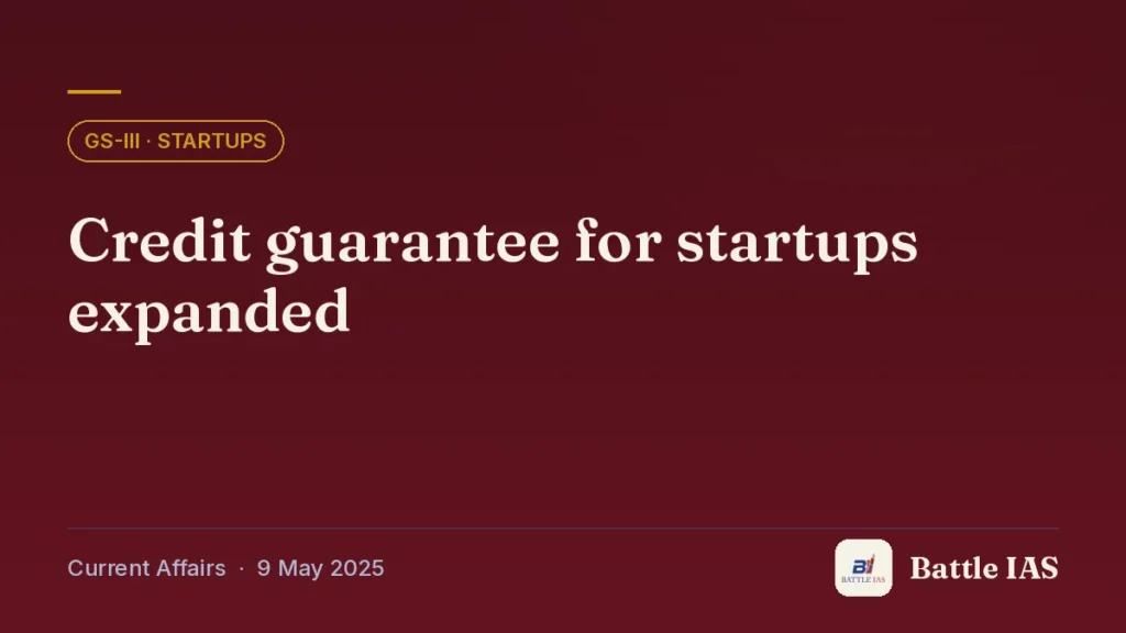 Battle IAS current affairs title card: Credit guarantee for startups expanded (GS3 · Startups, 9 May 2025)