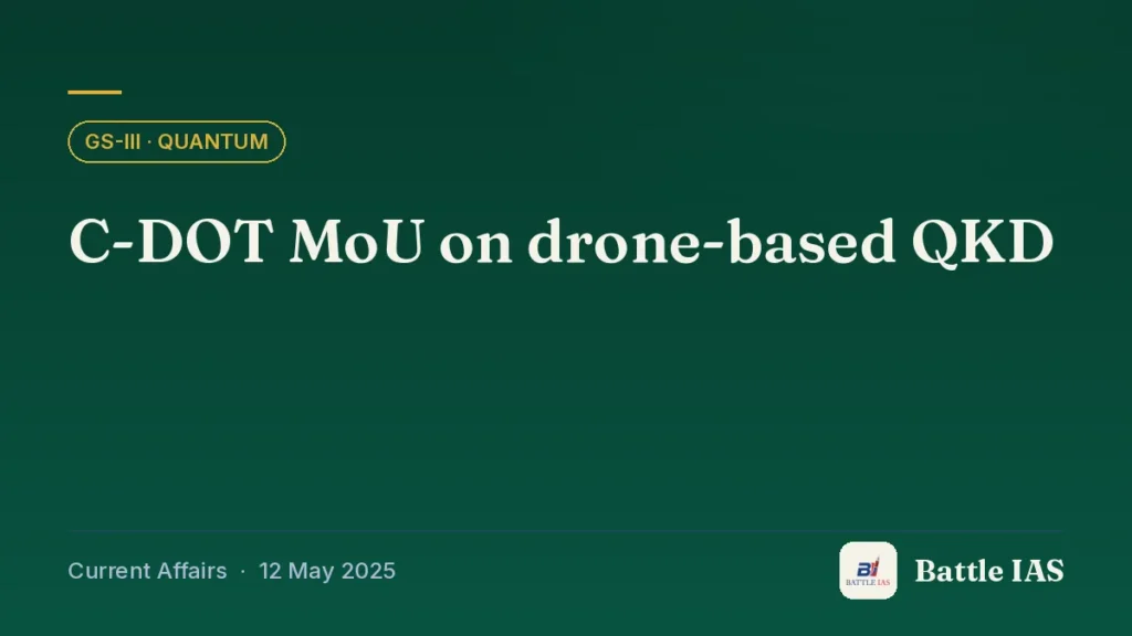 Battle IAS current affairs title card: C-DOT MoU on drone-based QKD (GS3 · Quantum, 12 May 2025)