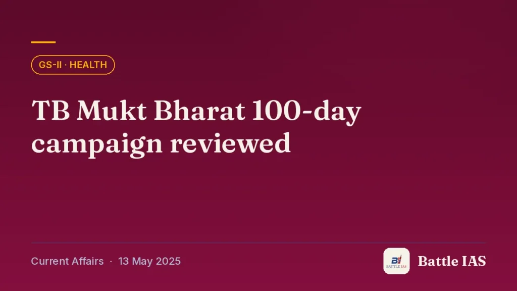 Battle IAS current affairs title card: TB Mukt Bharat 100-day campaign reviewed (GS2 · Health, 13 May 2025)