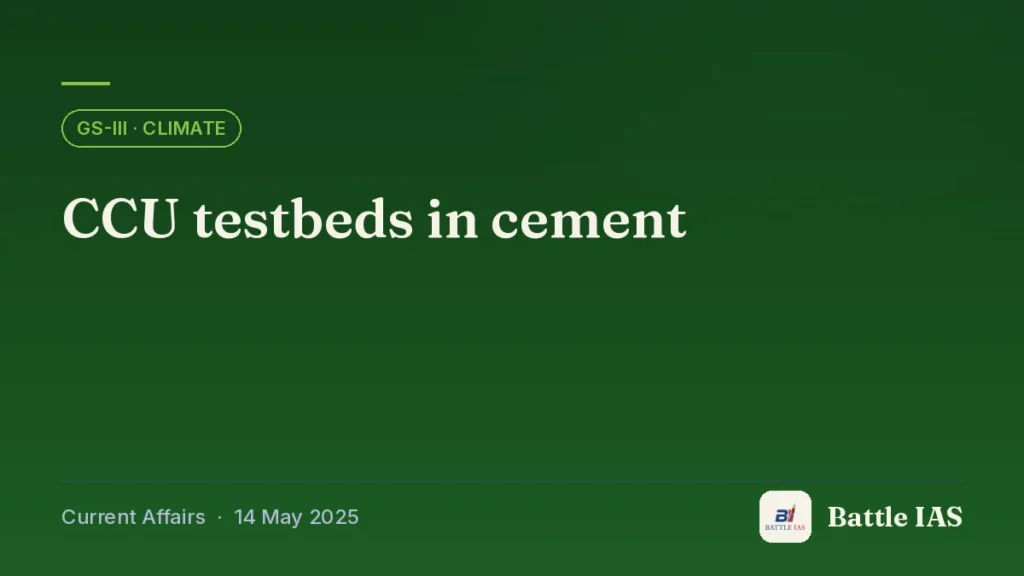 Battle IAS current affairs title card: CCU testbeds in cement (GS3 · Climate, 14 May 2025)
