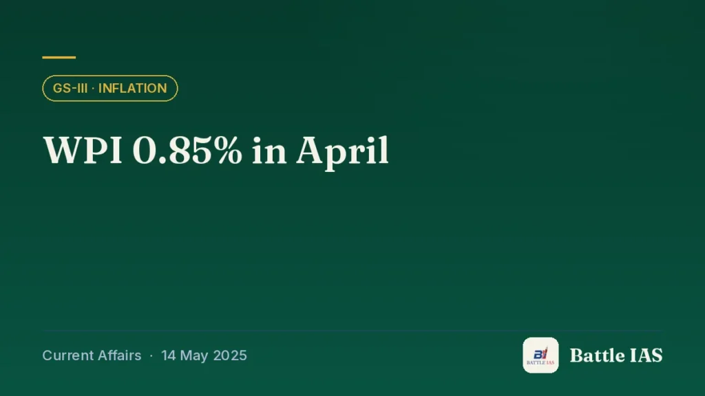 Battle IAS current affairs title card: WPI 0.85% in April (GS3 · Inflation, 14 May 2025)