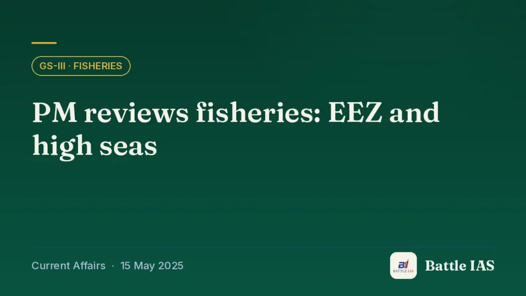 Battle IAS current affairs title card: PM reviews fisheries: EEZ and high seas (GS3 · Fisheries, 15 May 2025)