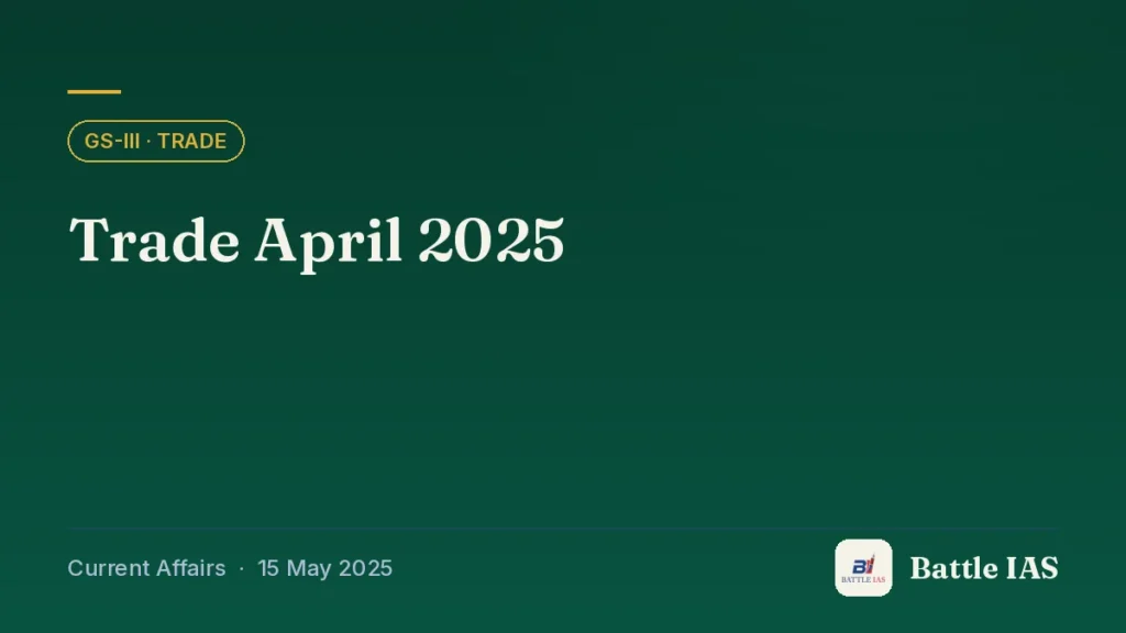 Battle IAS current affairs title card: Trade April 2025 (GS3 · Trade, 15 May 2025)