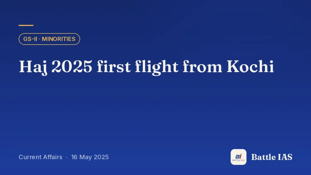 Battle IAS current affairs title card: Haj 2025 first flight from Kochi (GS2 · Minorities, 16 May 2025)