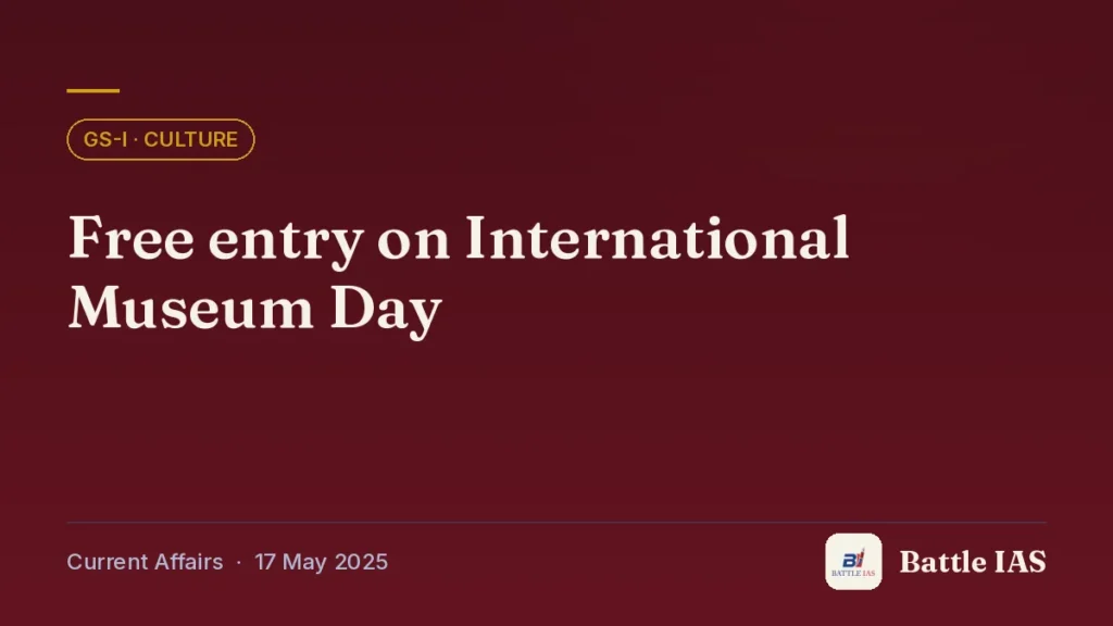 Battle IAS current affairs title card: Free entry on International Museum Day (GS1 · Culture, 17 May 2025)