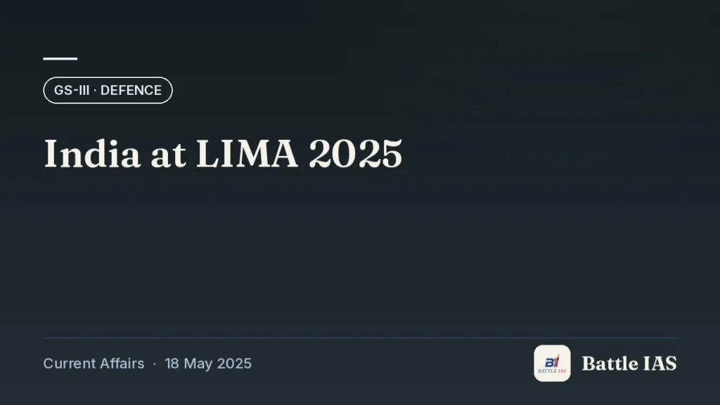 Battle IAS current affairs title card: India at LIMA 2025 (GS3 · Defence, 18 May 2025)