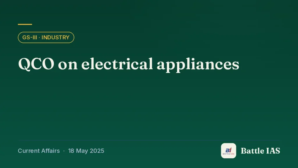 Battle IAS current affairs title card: QCO on electrical appliances (GS3 · Industry, 18 May 2025)