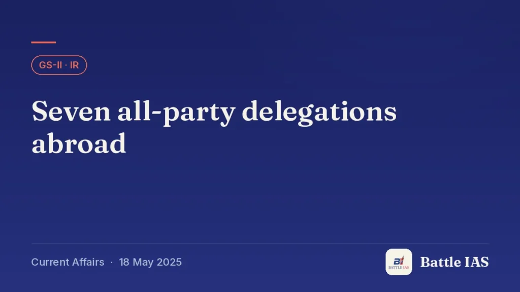 Battle IAS current affairs title card: Seven all-party delegations abroad (GS2 · IR, 18 May 2025)