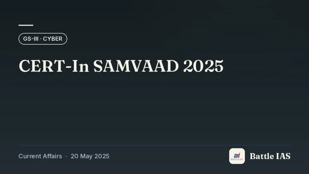 Battle IAS current affairs title card: CERT-In SAMVAAD 2025 (GS3 · Cyber, 20 May 2025)