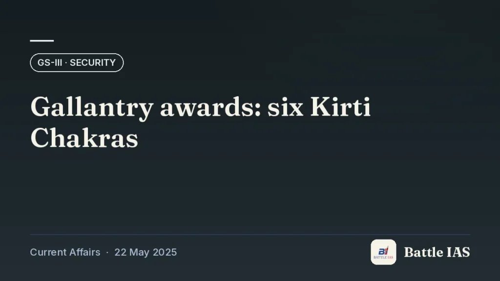 Battle IAS current affairs title card: Gallantry awards: six Kirti Chakras (GS3 · Security, 22 May 2025)